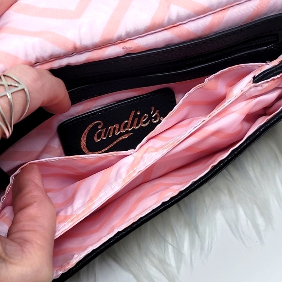 Candie’s ✦ Rhinestone Crossbody Clutch ✦ Black Faux Leather Silver Snake Chain - Picture 7 of 13